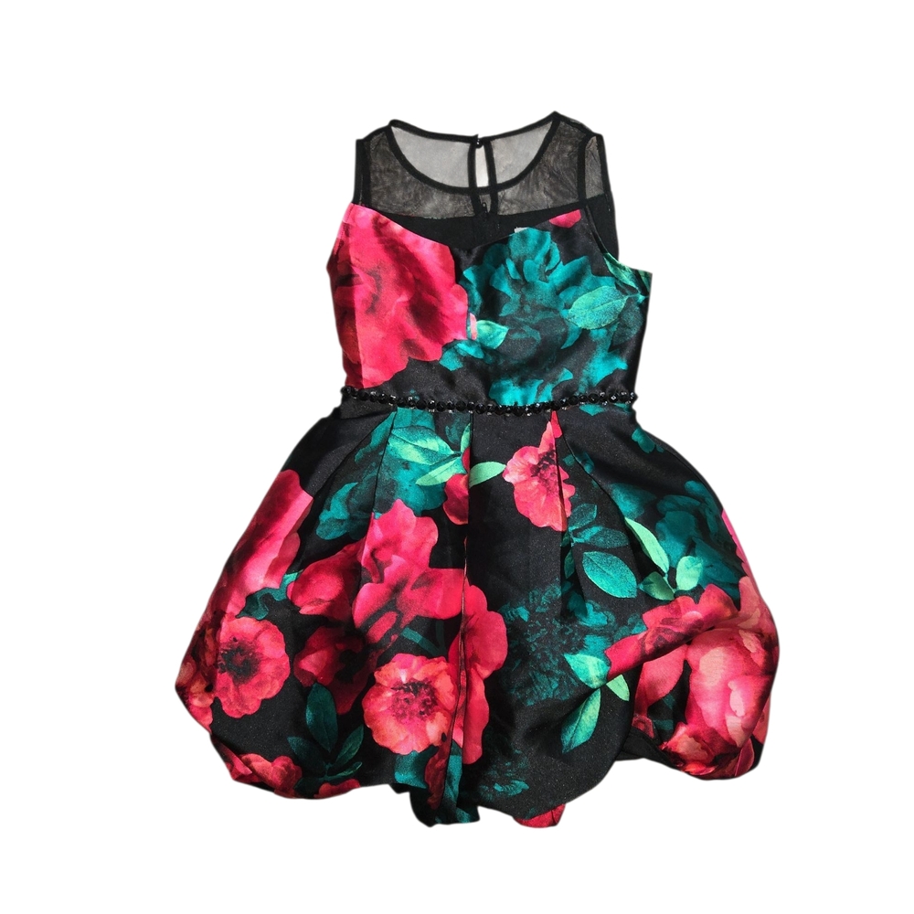 SpeechlessKids Girls Black Puff Dress‎ with Pink and Green Floral Design ~7